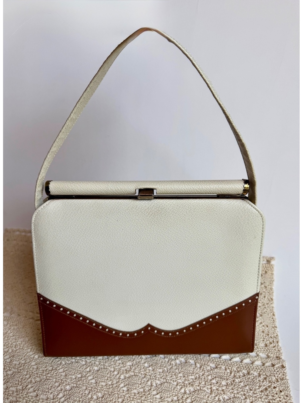Vintage 1950s 60s Naturalizer Handbag Cream Brown Two Tone Frame Purse